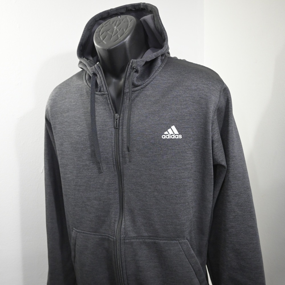 Adidas Full Zip Hoodie Mens XL Dark Gray Climawarm Fleece Lined Pockets Logo
